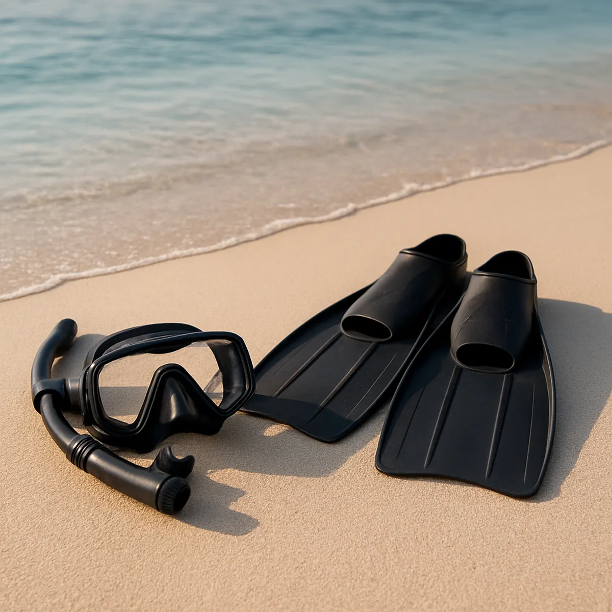 Masque de snorkeling et palmes posés sur le sable